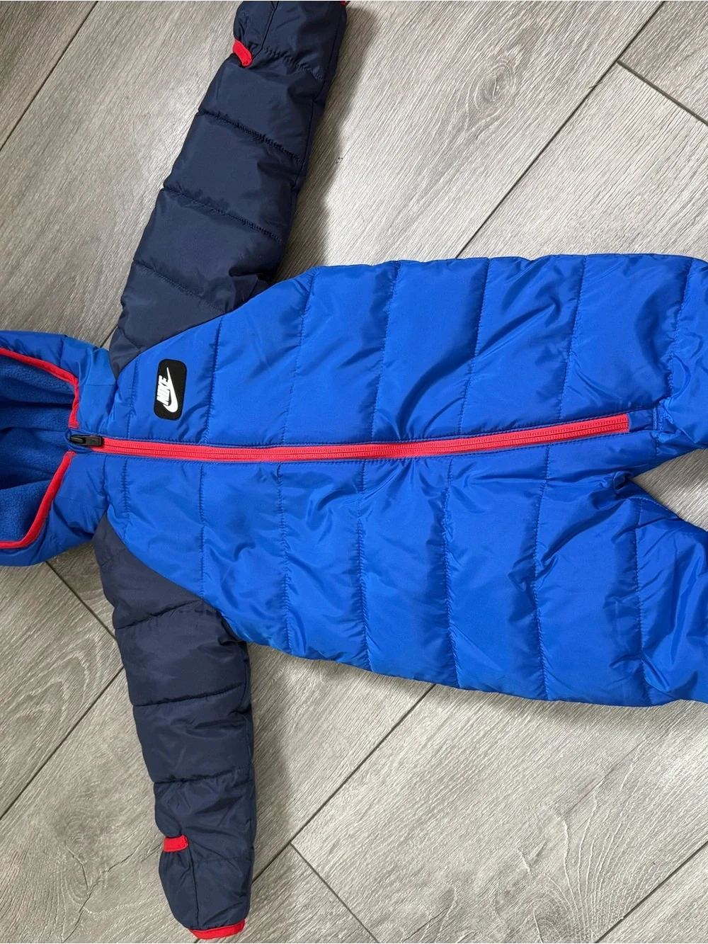 Winter puffer Nike Blue & Navy Infant Puffer One-Piece Snowsuit with Red Trim